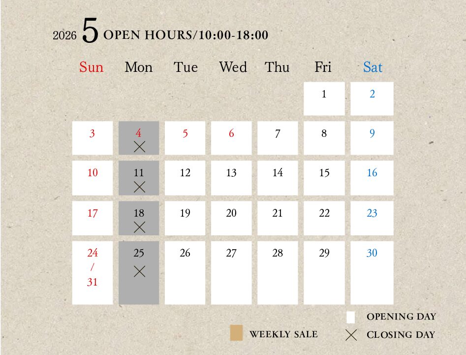 2026.5 営業時間とイベントお知らせカレンダー